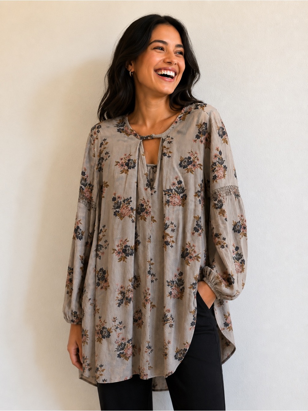 Free People Floral Tie-Neck Tunic - Taupe with Pink & Green Accents